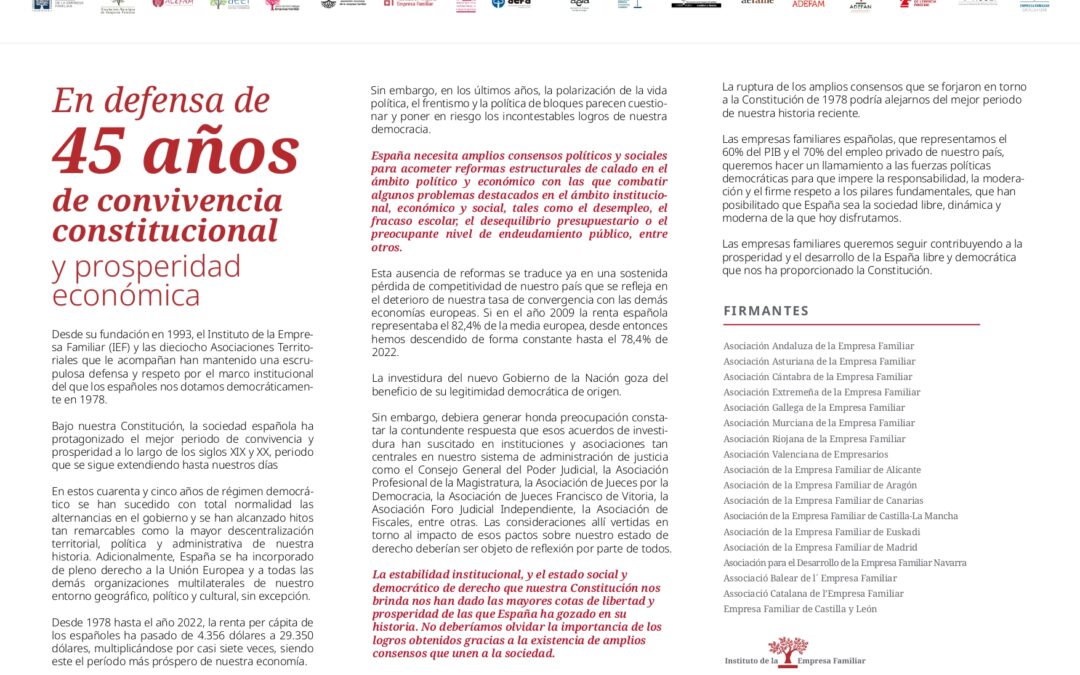 Las empresas familiares reivindican el marco constitucional y reclaman recuperar consensos amplios para garantizar la estabilidad y la prosperidad